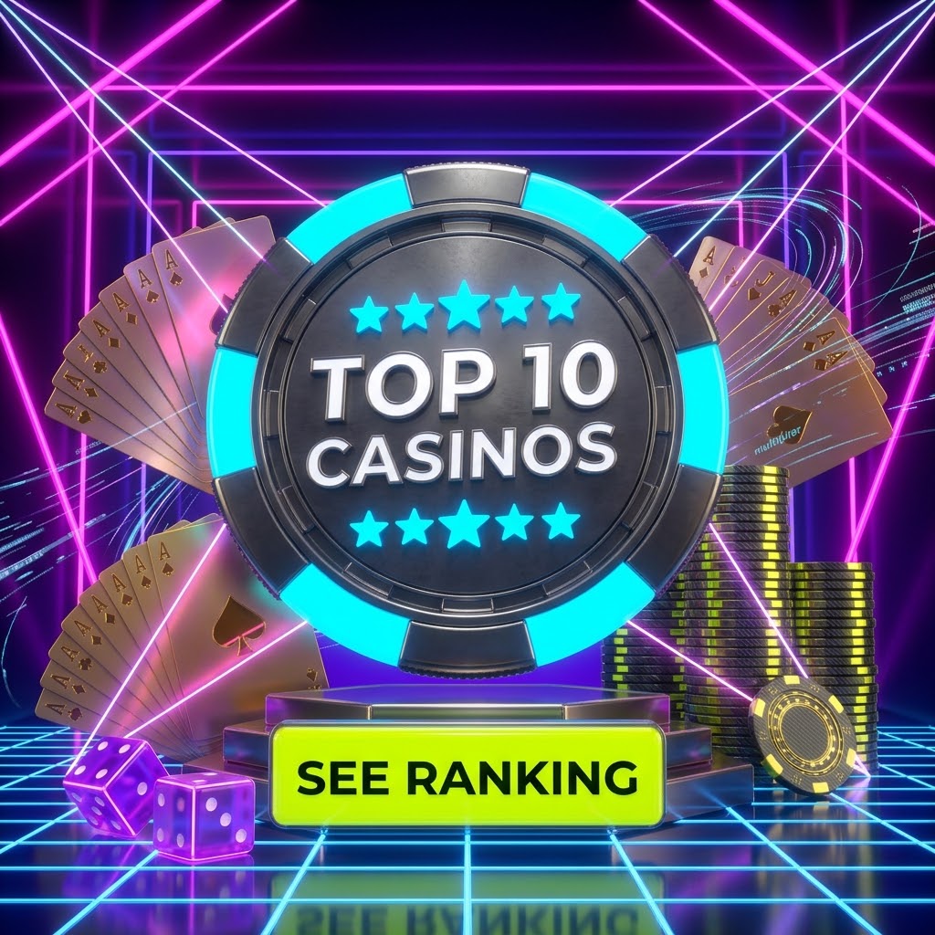 Neon casino chip graphic with cards and dice